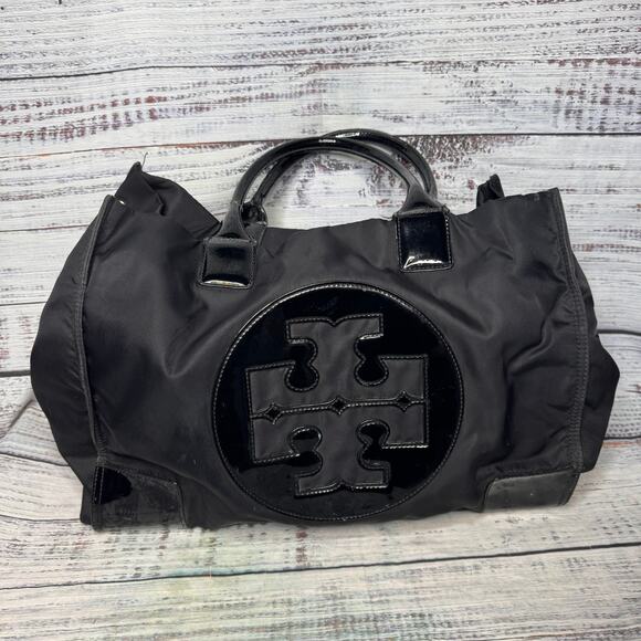TORY BURCH Large Black Logo Nylon & PVC Tote Shoulder Bag 13x16 - Picture 1 of 6